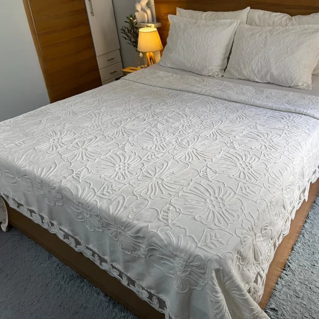 3-piece embroidered white bridal bedspread set
