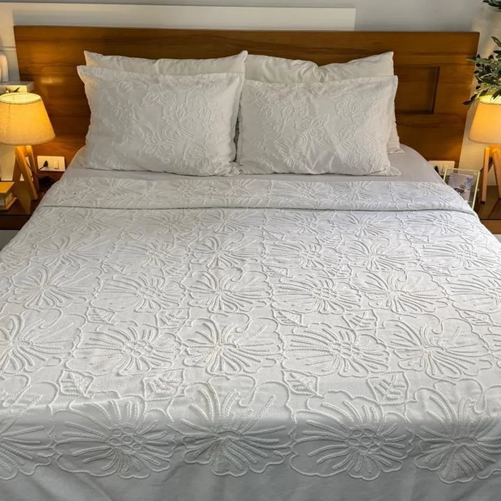 3-piece embroidered white bridal bedspread set