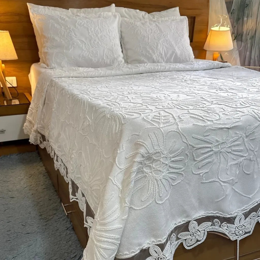 3-piece embroidered white bridal bedspread set