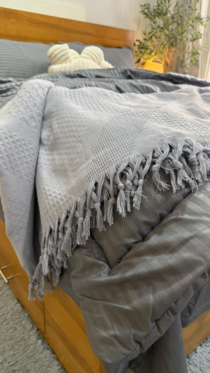 عرض الـ Set الاسترايب الكامل ( لحاف صيفى - ملايه -كوفرته ) لون جراي غامق