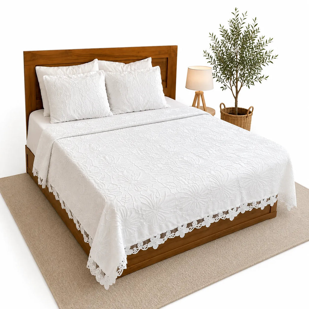 3-piece embroidered white bridal bedspread set